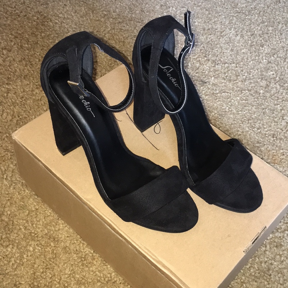 black faux suede heels